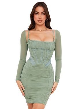 House Of CB FREYJA Sheer Sleeve Ruched Bodycon Green Gathered Corset Mini Dress